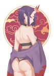  1girl absurdres ass back bangs bare_shoulders barefoot_sandals bob_cut breasts closed_mouth eyeliner fate/grand_order fate_(series) highres horns japanese_clothes kimono long_sleeves looking_at_viewer looking_back makeup off_shoulder oni oni_horns purple_eyes purple_hair purple_kimono revealing_clothes short_hair short_kimono shuten_douji_(fate/grand_order) skin-covered_horns small_breasts smile wide_sleeves zuixin 