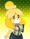  animal_crossing anthro bigdon1992 canid canine canis clothed clothing digital_media_(artwork) domestic_dog female fur hi_res isabelle_(animal_crossing) mammal nintendo patreon patreon_pinups shih_tzu simple_background solo toy_dog video_games yellow_body yellow_fur 