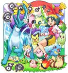  1girl alternate_color bike_shorts celebi chikorita cleffa crystal_(pokemon) cyndaquil dunsparce furret gen_2_pokemon ho-oh holding holding_poke_ball igglybuff legendary_pokemon mythical_pokemon natu pichu poke_ball pokemoa pokemon pokemon_(game) pokemon_gsc shiny_pokemon smile suicune togepi totodile twintails unown unown_a unown_c unown_l unown_r unown_s unown_t unown_y 