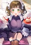  1girl apron bangs black_legwear blush breasts brown_hair cake commentary_request day food fork fruit garter_belt garter_straps green_eyes highres holding holding_fork holding_plate indoors large_breasts long_hair looking_at_viewer maid maid_apron maid_dress maid_headdress original pillow plate ringozaka_mariko short_hair signature sitting smile solo strawberry thighhighs two_side_up white_apron window 