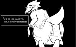  16:10 alphys anthro anus big_butt blush bodily_fluids bottomless buckteeth butt clothed clothing clothing_lift coat coat_lift dialogue dialogue_box elsartdump english_text eyewear female genitals glasses hi_res lab_coat leaning leaning_forward looking_at_viewer looking_back monochrome nervous open_mouth open_smile presenting presenting_hindquarters pussy rear_view reptile scalie smile solo stuttering sweat teeth text thick_tail thick_thighs topwear undertale video_games wide_hips widescreen 