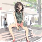  1girl bangs bench blush brown_hair commentary_request dildo dress dress_lift exhibitionism green_dress iori_(magunisu) lifted_by_self long_hair masturbation motion_lines no_panties object_insertion open_mouth original pink_footwear public_masturbation pussy_juice saliva sitting spread_legs teeth tongue tree trembling upper_teeth vaginal vaginal_object_insertion 