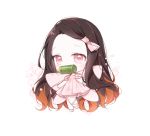  1girl bamboo bangs bit_gag black_hair blush brown_hair chibi dress fairy fairy_wings floral_background forehead full_body gag hair_ribbon kamado_nezuko kimetsu_no_yaiba long_hair looking_at_viewer mattang mouth_hold multicolored_hair parted_bangs pink_dress pink_eyes pink_footwear pink_ribbon pink_wings pleated_dress ribbon shoes solo two-tone_hair very_long_hair white_background wings 