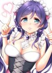  1girl absurdres aqua_eyes breasts cleavage heart highres large_breasts long_hair looking_at_viewer love_live! love_live!_school_idol_project low_twintails maid parted_lips purple_hair solo takochan77 toujou_nozomi twintails 