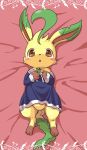  2020 ambiguous_gender anthro bedding_background big_head blush blush_stickers brown_eyes cheek_tuft clothing digitigrade eeveelution facial_tuft featureless_crotch front_view fur handpaw head_tuft hi_res leafeon looking_at_viewer looking_up lying mei_(artist) nightgown nintendo on_back open_mouth paws pok&eacute;mon pok&eacute;mon_(species) semi-anthro solo thick_thighs tuft video_games 