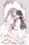  2girls bangs black_hair blonde_hair braid breasts closed_eyes dress flower hair_ribbon hand_on_another&#039;s_neck holding_hands huge_breasts kakmxxxny06 kiss long_hair multiple_girls one_eye_closed original red_ribbon ribbon shoes sitting white_dress white_footwear 