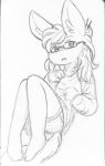  anthro bangs bottomwear clothed clothing eyebrows eyewear female fingers fluffy fluffy_tail front_view full-length_portrait glasses hair hi_res holding_clothing inner_ear_fluff jacket jomasfaceisugly juna_(jomasfaceisugly) long_hair looking_at_viewer monochrome narrowed_eyes no_pupils open_mouth plantigrade portrait shirt shorts simple_background sitting sketch solo three-quarter_view toes topwear traditional_media_(artwork) tuft unknown_species 