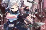  character_request closed_mouth eyebrows eyebrows_visible_through_hair gloves grey_eyes grey_hair hair_ornament jitome knife kunai phibonnachee shuriken throwing throwing_knife town valorant weapon white_eyes white_hair 