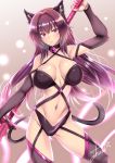  1girl animal_ear_fluff animal_ears bell bell_collar breasts cat_ears cat_tail cleavage collar fate/grand_order fate_(series) gae_bolg highres large_breasts long_hair looking_at_viewer polearm purple_hair red_eyes scathach_(fate)_(all) scathach_(fate/grand_order) solo spear tail takecha weapon 