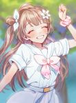  1girl bangs belt blurry blurry_background blush brown_hair closed_eyes commentary_request eyebrows_visible_through_hair flower hair_flower hair_ornament hair_ribbon highres io_(sinking=carousel) long_hair love_live! love_live!_school_idol_project minami_kotori one_side_up open_mouth pink_ribbon pink_scrunchie ribbon scrunchie shirt short_sleeves skirt smile solo white_belt white_ribbon white_shirt white_skirt wrist_scrunchie 