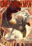  1boy bald belt bodysuit cape copyright_name gloves highres looking_at_viewer mossi one-punch_man punching red_gloves saitama_(one-punch_man) uppercut white_cape yellow_bodysuit 