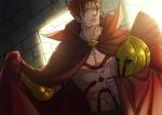 1boy abs bangs cape chest fate/grand_order fate_(series) headwear_removed helmet helmet_removed holding holding_cape iduhara_jugo leonidas_(fate/grand_order) looking_to_the_side male_focus manly muscle navel parted_bangs red_hair shirtless tattoo toned toned_male upper_body vambraces 