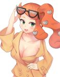  1girl arm_up blush breasts cleavage coat collarbone commentary eyelashes eyewear_on_head green_eyes green_nails hair_ornament hand_on_hip heart heart_hair_ornament long_hair long_sleeves looking_to_the_side naked_coat open_mouth orange_coat orange_hair pokemon pokemon_(game) pokemon_swsh shi_(shishi0748) side_ponytail simple_background smile solo sonia_(pokemon) sunglasses tongue white_background 