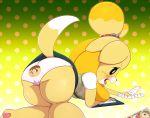  animal_crossing anthro bigdon1992 canid canine canis clothed clothing digital_media_(artwork) domestic_dog female fur isabelle_(animal_crossing) mammal nintendo panties patreon patreon_pinups shih_tzu simple_background solo toy_dog underwear upskirt video_games yellow_body yellow_fur 