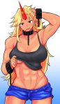  1girl abs absurdres arm_up belly biceps black_tank_top blonde_hair breasts chain collar commentary_request cuffs denim denim_shorts earrings facial_tattoo fang fugaku_(miko_no_miyatsuguchi) gradient gradient_background hand_in_hair highres horns hoshiguma_yuugi jewelry large_breasts long_hair looking_at_viewer midriff muscle muscular_female no_bra pointy_ears red_eyes shackles short_shorts shorts single_horn solo star_(symbol) star_tattoo tank_top tank_top_lift tattoo touhou underboob 