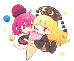  2girls aji_(pokedegi) barefoot black_choker black_dress black_headwear black_shirt blonde_hair blush_stickers chibi choker clothes_writing dress food hair_between_eyes hat hecatia_lapislazuli highres ice_cream junko_(touhou) long_hair miniskirt multicolored multicolored_clothes multicolored_skirt multiple_girls one_eye_closed pink_hair polos_crown red_eyes sash shared_food shirt simple_background skirt t-shirt tabard touhou very_long_hair white_background 