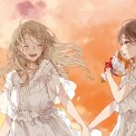  2girls blonde_hair blush bouquet braid braided_bangs brown_eyes brown_hair closed_eyes cloud cloudy_sky dress flower holding_hand kakmxxxny06 long_hair multiple_girls open_mouth original outdoors red_ribbon ribbon sky upper_teeth white_dress 