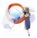  1boy blue_eyes chinese_clothes fate/grand_order fate_(series) fingerless_gloves full_body gao_changgong_(fate) gloves highres holding horned_mask jewelry long_sleeves looking_at_viewer male_focus mask mirror petals rozu_ki side_cutout silver_hair simple_background solo sword weapon white_background 