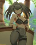 1girl absurdres arm_support bangs bare_arms bare_shoulders black_hair bra breasts cleavage closed_mouth commentary day english_commentary eyebrows_visible_through_hair furrowed_eyebrows grass green_eyes grey_bra grey_hair grey_legwear grey_shorts hair_between_eyes hair_intakes highres kemono_friends leaning_on_object legwear_under_shorts long_hair looking_at_viewer medium_breasts multicolored_hair no_shirt no_tail orange_hair outdoors palm_tree pantyhose ringed_eyes shoebill_(kemono_friends) shorts sidelocks solo standing standing_on_one_leg strap_gap sweat thehumancopier tree underwear 
