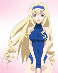  1girl ass_visible_through_thighs bare_shoulders blonde_hair blue_eyes blue_hairband blue_leotard breasts cecilia_alcott covered_navel curly_hair drill_hair hairband infinite_stratos large_breasts leotard long_hair looking_at_viewer simple_background solo turtleneck yoshida_keiji 