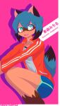  2020 absurd_res ameenmhad anthro black_body black_fur black_hair blue_body blue_eyes blue_fur blue_hair bottomwear brand_new_animal brown_body brown_fur canid canine clothed clothing female fluffy fluffy_tail fur hair hi_res jacket mammal michiru_kagemori multicolored_body multicolored_eyes multicolored_fur multicolored_hair open_jacket open_mouth pink_eyes raccoon_dog short_hair shorts solo studio_trigger tanuki topwear 