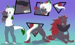  2019 ambiguous_gender anthro black_claws black_nose canid canine carrying claws clothing dinodoggo feral fur green_inner_ear hair highlights_(coloring) hybrid mammal nintendo open_mouth pok&eacute;mon pok&eacute;mon_(species) ponytail red_claws red_hair red_inner_ear sharp_teeth sitting standing teeth transformation tuft video_games white_body white_fur zoroark zorua 
