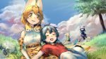  4girls :3 :d ^_^ animal_ear_fluff animal_ears bangs belt black_hair blonde_hair blue_sky bow bowtie closed_eyes cloud commentary_request common_raccoon_(kemono_friends) day elbow_gloves extra_ears fennec_(kemono_friends) fox_ears gloves grass hat hat_feather hat_removed headwear_removed high-waist_skirt highres kaban_(kemono_friends) kemono_friends lying multiple_girls nature on_lap open_mouth outdoors parted_lips print_bow print_gloves print_neckwear print_skirt raccoon_ears raccoon_tail red_shirt rock serval_(kemono_friends) serval_print shirt short_hair shorts signature skirt sky smile tail tree welt_(kinsei_koutenkyoku) white_shirt white_shorts yellow_eyes 