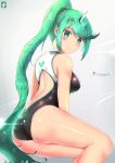  1girl armor artist_logo artist_name ass back blush breasts chinchongcha glowing gradient gradient_background green_eyes green_hair hair_ornament headpiece highres large_breasts lens_flare long_hair looking_at_viewer one-piece_swimsuit pneuma_(xenoblade_2) ponytail pose simple_background smile solo swimsuit tiara xenoblade_(series) xenoblade_2 