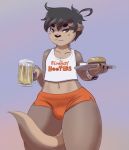  2020 :3 alcohol anthro beer_mug beverage black_hair black_nose bottomwear bulge clothed clothing crop_top digital_drawing_(artwork) digital_media_(artwork) femboy_hooters food front_view girly gradient_background green_eyes hair hi_res holding_beverage holding_cup holding_food holding_object hooters hotpants looking_at_viewer lutrine male mammal midriff mr-shin mustelid no_pupils platter portrait river_otter shin_(mr-shin) shirt short_hair shorts simple_background smile solo standing tail_between_legs thick_thighs three-quarter_portrait topwear wide_hips 