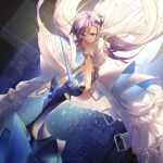  1girl boots bottomless breasts cleavage collarbone detached_sleeves fate/grand_order fate_(series) floating_hair flower hair_flower hair_ornament hand_in_hair long_hair long_sleeves making-of_available meltryllis navel purple_hair shiny shiny_hair sleeves_past_fingers sleeves_past_wrists small_breasts solo thigh_boots thighhighs very_long_hair white_flower white_sleeves yukleeeee 