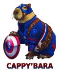  blue_clothing brown_body brown_fur captain_america caption capybara caviid claws clothing costume english_text fur ghostfire humor male mammal marvel pun red_clothing rodent shield simple_background small_ears text white_background 