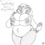  1:1 anthro belly big_belly big_breasts birthday bodily_fluids bovid breasts caprine clothed clothing digital_media_(artwork) domestic_sheep drxii eyewear female fur glasses hair hi_res horn huge_breasts lactating lactating_through_clothing mammal milk nipples pregnant sheep simple_background smile solo wet wet_clothing 