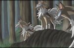  2016 black_nose blue_eyes brown_body brown_fur ear_markings eclipse_ford facial_markings feral fur glowing glowing_eyes grass group head_markings hi_res lycanroc markings midday_lycanroc neck_tuft nintendo pink_inner_ear pok&eacute;mon pok&eacute;mon_(species) spikes standing tree tuft video_games white_body white_fur 