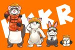  animal bunny cat duel_monster ferret goggles goggles_on_headwear hamster helmet jacket no_humans one_eye_closed orange_background orange_jacket rescue_cat rescue_ferret rescue_hamster rescue_rabbit rope salute whistle whistle_around_neck yuu-gi-ou 