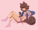  2020 athletic bottomwear bra brown_hair clothing drinking drinking_straw fluffy fluffy_tail girly hair hotpants humanoid jacket legwear male mammal navel peculiart phone pink_background rodent sciurid shorts simple_background socks solo sports_bra stacy_(peculiart) topwear underwear 