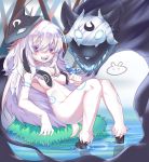  1girl absurdres animal_nose black_fur blue_tongue blush breasts bug butterfly furry hair_between_eyes highres insect kindred knees_together_feet_apart lamb_(league_of_legends) league_of_legends long_hair mask mask_on_head medium_breasts purple_eyes sheep sheep_girl snout user_cpsf8285 white_fur wolf_(league_of_legends) 
