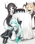  3girls :d :q ^_^ apron astaroth_(noyuki13) bangs black_bow black_dress black_eyes black_hair blonde_hair blush bow bun_cover cake chocolate_mint closed_eyes commentary demon_horns dragon_tail dress eating food frilled_dress frills green_bow hair_bow hat highres horns juliet_sleeves knife long_hair long_sleeves looking_at_another maid medium_hair mob_cap multiple_girls noyuki13 open_mouth original pointy_ears puffy_sleeves sitting smile table tablecloth tail tail_bow tongue tongue_out very_long_hair white_apron white_hair white_skin 