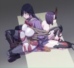  2girls back-to-back bound bound_together breasts chichizuki_(manman-ya) crossed_legs fate/grand_order fate_(series) horns large_breasts long_hair minamoto_no_raikou_(fate/grand_order) multiple_girls off-shoulder_kimono oni_horns purple_eyes purple_hair rope shuten_douji_(fate/grand_order) sitting 