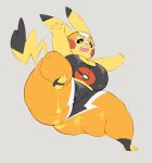  anthro beady_eyes belly big_breasts big_butt black_body black_fur breasts bulumble-bee butt chubby_female cleavage clothed clothing cosplay_pikachu_(character) cosplay_pikachu_(costume) female fur hi_res huge_butt huge_thighs jumping low-angle_view mask midriff navel nintendo open_mouth overweight overweight_female pikachu pikachu_libre pok&eacute;mon pok&eacute;mon_(species) short_stack simple_background skinsuit slightly_chubby solo sports_mask sportswear thick_thighs tight_clothing video_games wide_hips wrestling_mask yellow_body yellow_fur 