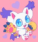  &lt;3 2017 black_claws black_nose blue_eyes claws clothing cute_fangs digimon digimon_(species) extyrannomon_(artist) fangs gatomon gloves handwear markings open_mouth pawpads paws pink_background pink_inner_ear pink_pawpads purple_markings semi-anthro simple_background slit_pupils solo tail_ring tongue white_body 