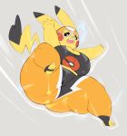  anthro beady_eyes belly big_breasts big_butt black_body black_fur breasts bulumble-bee butt chubby_female cleavage clothed clothing cosplay_pikachu_(character) cosplay_pikachu_(costume) electricity electricity_manipulation elemental_manipulation female fur hi_res huge_butt huge_thighs jumping low-angle_view mask midriff navel nintendo open_mouth overweight overweight_female pikachu pikachu_libre pok&eacute;mon pok&eacute;mon_(species) short_stack simple_background skinsuit slightly_chubby solo sports_mask sportswear thick_thighs tight_clothing video_games wide_hips wrestling_mask yellow_body yellow_fur 