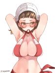  1girl arms_behind_head bangs bikini blunt_bangs breasts brown_eyes brown_hair cleavage commentary_request embarrassed glasses headdress highres kantai_collection large_breasts looking_to_the_side motion_lines mouth_hold pince-nez red_bikini red_sarong roma_(kantai_collection) sarong shiny shiny_skin short_hair simple_background skindentation solo swimsuit takase_muu twitter_username upper_body wavy_hair white_background 