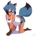  2020 5_fingers absurd_res all_fours anthro barefoot black_body black_fur black_hair black_nose blue_body blue_eyes blue_fur blue_hair bottomwear brand_new_animal brown_body brown_fur canid canine clothed clothing cute_fangs female fingers fluffy fluffy_tail fur hair hgk_0411 hi_res looking_at_viewer mammal michiru_kagemori multicolored_body multicolored_eyes multicolored_fur multicolored_hair pink_eyes raccoon_dog shirt short_hair shorts simple_background solo studio_trigger tank_top tanuki topwear white_background 