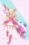  1girl ;d aikatsu! aikatsu!_(series) alternate_costume alternate_headwear arm_up axe blonde_hair boots clenched_hand copyright_name cross-laced_clothes crossover flower frills full_body gloves headdress high_collar holding holding_axe holding_weapon hoshimiya_ichigo lace_trim long_hair looking_at_viewer monster_hunter nishihara_isao one_eye_closed open_mouth pink_flower puffy_short_sleeves puffy_sleeves red_eyes short_sleeves smile solo thighhighs wavy_hair weapon 