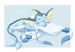 &lt;3 2019 ambiguous_gender black_nose blue_body blue_hair blue_inner_ear blue_markings canid canine ears_down eeveelution eyes_closed feral glaceon hair hi_res lying mammal markings nintendo on_top open_mouth pivoted_ears pok&eacute;mon pok&eacute;mon_(species) sleeping spikes squash_(artist) toes vaporeon video_games 