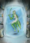  2020 absurd_res aika_(tomlloyd) anthro butt clothing detailed_background female genitals green_body hi_res human_to_anthro inside laboratory_equipment laboratory_glassware&lrm; lizard mask medical_instrument oxygen_mask pussy reptile scalie scientific_instrument solo species_transformation story story_in_description tail_growth test_tube torn_clothing transformation witchfiend yellow_sclera 
