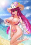  1girl artist_request azur_lane bikini bikini_bottom breasts flower green_eyes hat hat_flower heart heart_tattoo high_heels highres in_water large_breasts leg_up looking_at_viewer nipples pubic_tattoo pulled_by_self red_hair sheer_clothes solo straw_hat string_pull sun_hat sunglasses surcouf_(azur_lane) surcouf_(loisirs_balneaires)_(azur_lane) swimsuit tattoo topless water white_footwear 