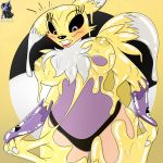  1:1 2020 absurd_res anthro black_nose black_sclera breasts chest_tuft clothing digimon digimon_(species) female goo_transformation hi_res looking_down nipples renamon skyspeardw solo surprise thick_thighs transformation tuft underwear wide_hips yellow_body 