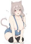  1girl absurdres animal_ears bare_shoulders black_legwear breasts cat_ears cat_tail collarbone foifoi_(marfoyfoyfoy) grey_hair highres kneeling large_breasts long_hair looking_at_viewer naked_overalls nipples original overalls red_eyes simple_background smile solo suspenders tail thighhighs white_background 