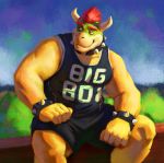  anonymous_artist anthro bottomwear bowser bracelet clothed clothing collar english_text eyebrows fully_clothed hair hi_res horn jewelry koopa male mario_bros muscular muscular_male nintendo reptile scalie shell-less shorts sitting sleeveless_shirt smile solo spiked_bracelet spiked_collar spikes text thick_eyebrows video_games 